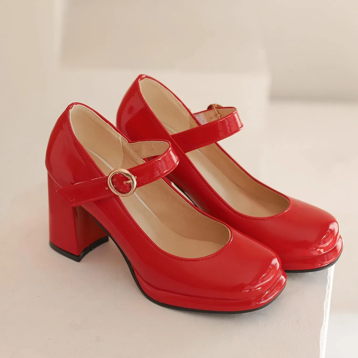 Women Retro Mary Jane Shoes Chunky High Block Heels Patent Leather Buckle Strap Closed Toe Platform Pumps Dress Work Shoes