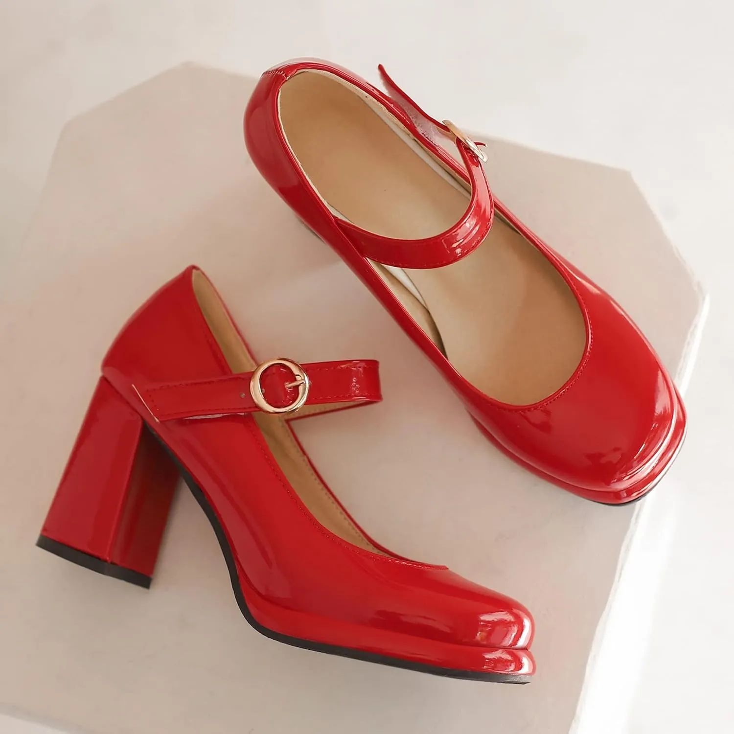 Women Retro Mary Jane Shoes Chunky High Block Heels Patent Leather Buckle Strap Closed Toe Platform Pumps Dress Work Shoes