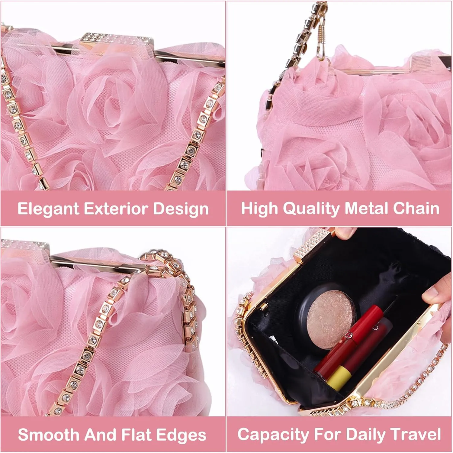 Women Rose Clutch, Evening Bag with Chain, Floral Purse for Wedding, Prom, Party