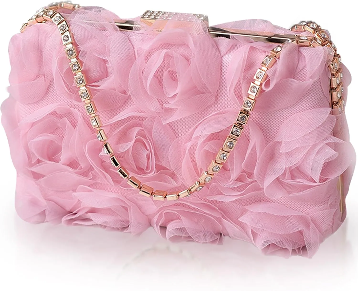 Women Rose Clutch, Evening Bag with Chain, Floral Purse for Wedding, Prom, Party