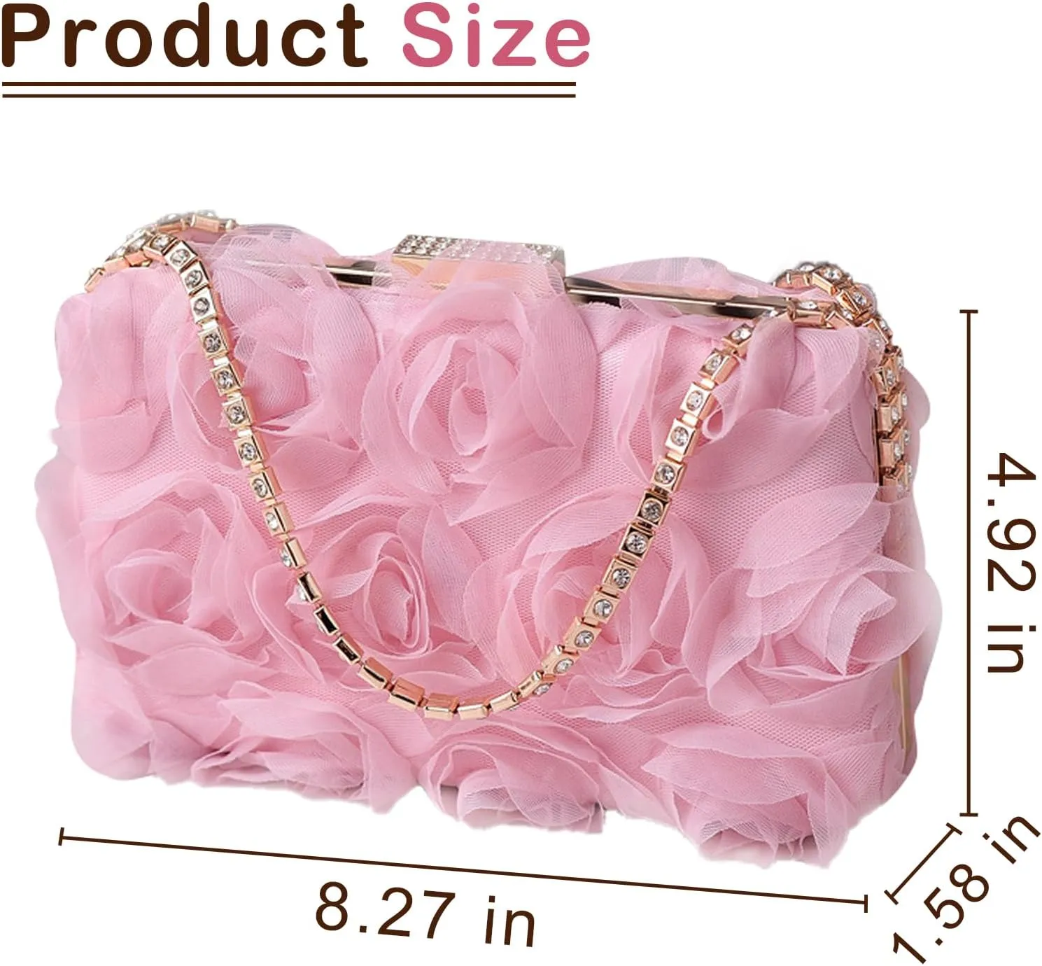 Women Rose Clutch, Evening Bag with Chain, Floral Purse for Wedding, Prom, Party