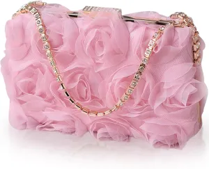 Women Rose Clutch, Evening Bag with Chain, Floral Purse for Wedding, Prom, Party