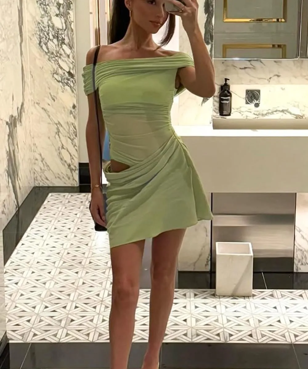 Women Sexy Off Shoulder Ruched Sheer Mesh Mini Dress Short Sleeve Cut Out Y2K Bodycon See Through Club Dresses