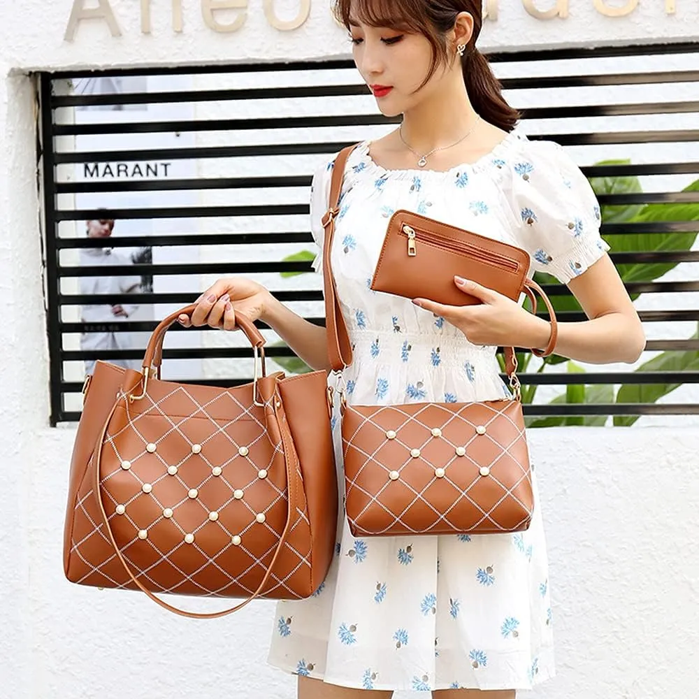 Women Tote Bag Faux Leather Handbags Pearl Check Top Handle Bag Satchel Handbags Purse Crossbody Bag Wallet 3Pc Set