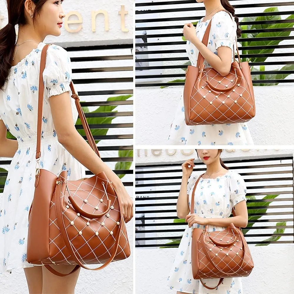 Women Tote Bag Faux Leather Handbags Pearl Check Top Handle Bag Satchel Handbags Purse Crossbody Bag Wallet 3Pc Set