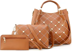 Women Tote Bag Faux Leather Handbags Pearl Check Top Handle Bag Satchel Handbags Purse Crossbody Bag Wallet 3Pc Set