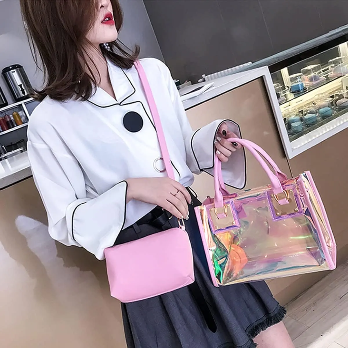 Women Transparent Shoulder Crossbody Bag,2 in 1 Designer Fashion Ladies Handbag Purse Shoulder Bag Satchel