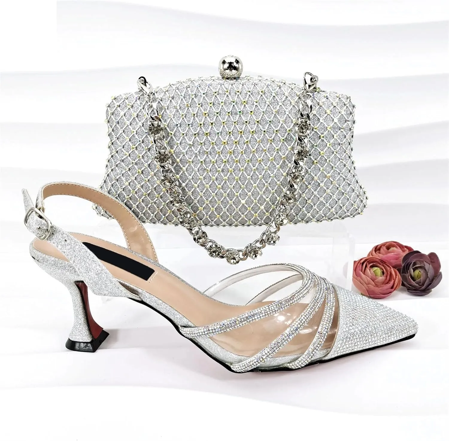 Womens African Themed Sparkly Evening Shoes and Purse Set Crystal Embellished High Heels for Special