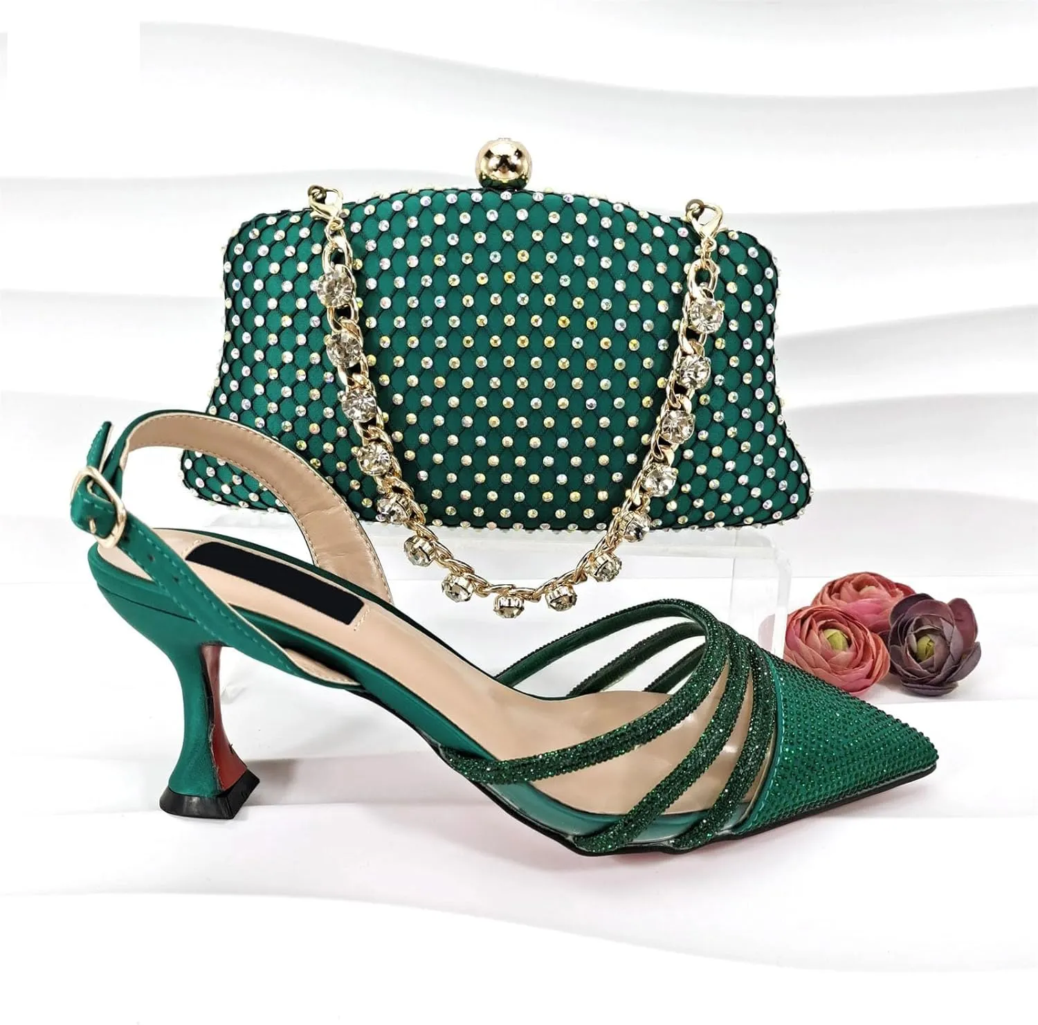 Womens African Themed Sparkly Evening Shoes and Purse Set Crystal Embellished High Heels for Special