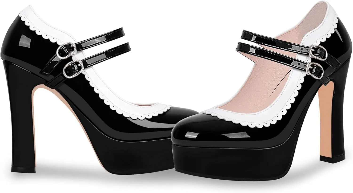 Women's Ankle Strap Plafrom Mary Janes Pumps Block High Heels Double Buckle Patent Leather Dress Shoes