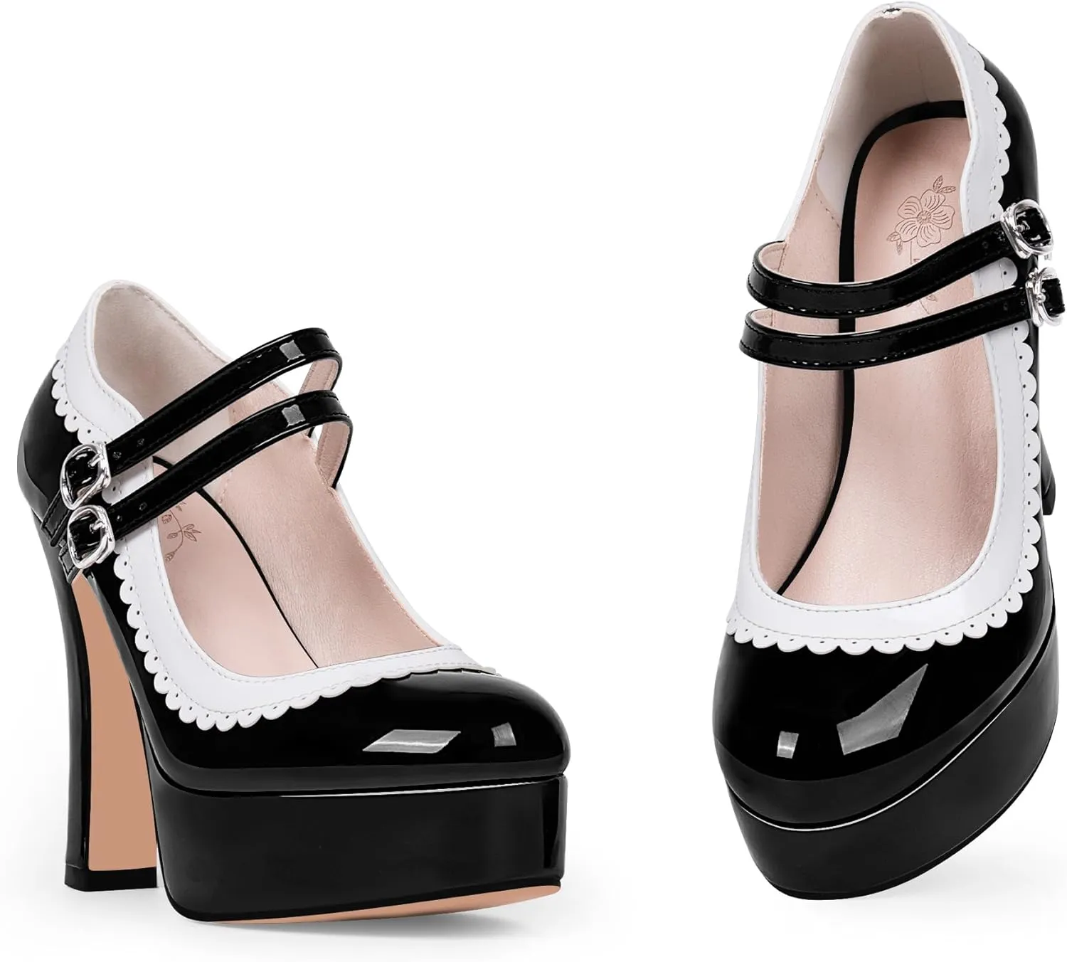 Women's Ankle Strap Plafrom Mary Janes Pumps Block High Heels Double Buckle Patent Leather Dress Shoes