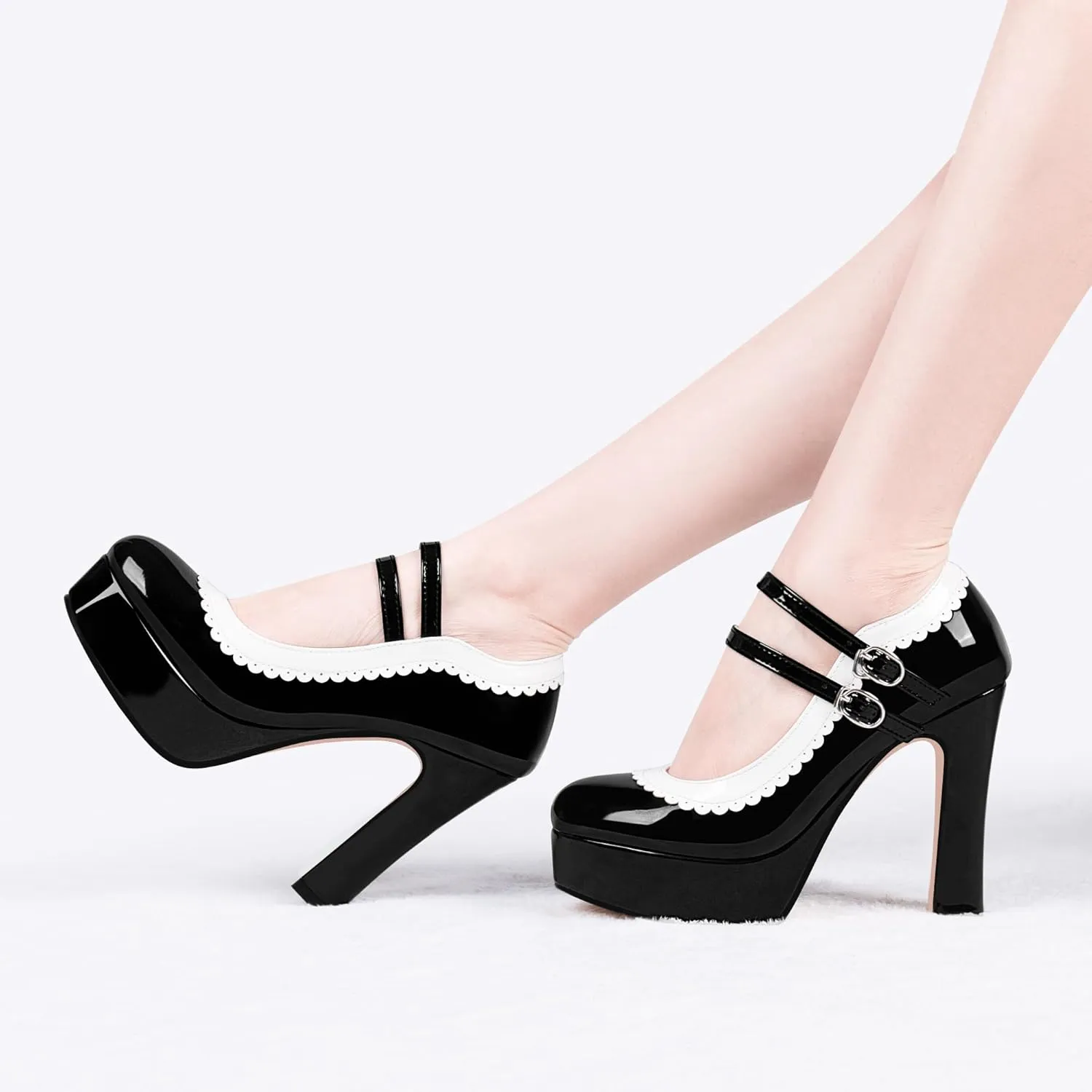 Women's Ankle Strap Plafrom Mary Janes Pumps Block High Heels Double Buckle Patent Leather Dress Shoes