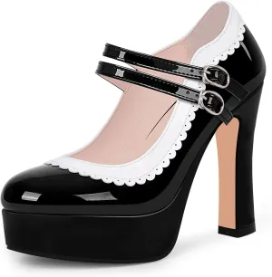 Women's Ankle Strap Plafrom Mary Janes Pumps Block High Heels Double Buckle Patent Leather Dress Shoes