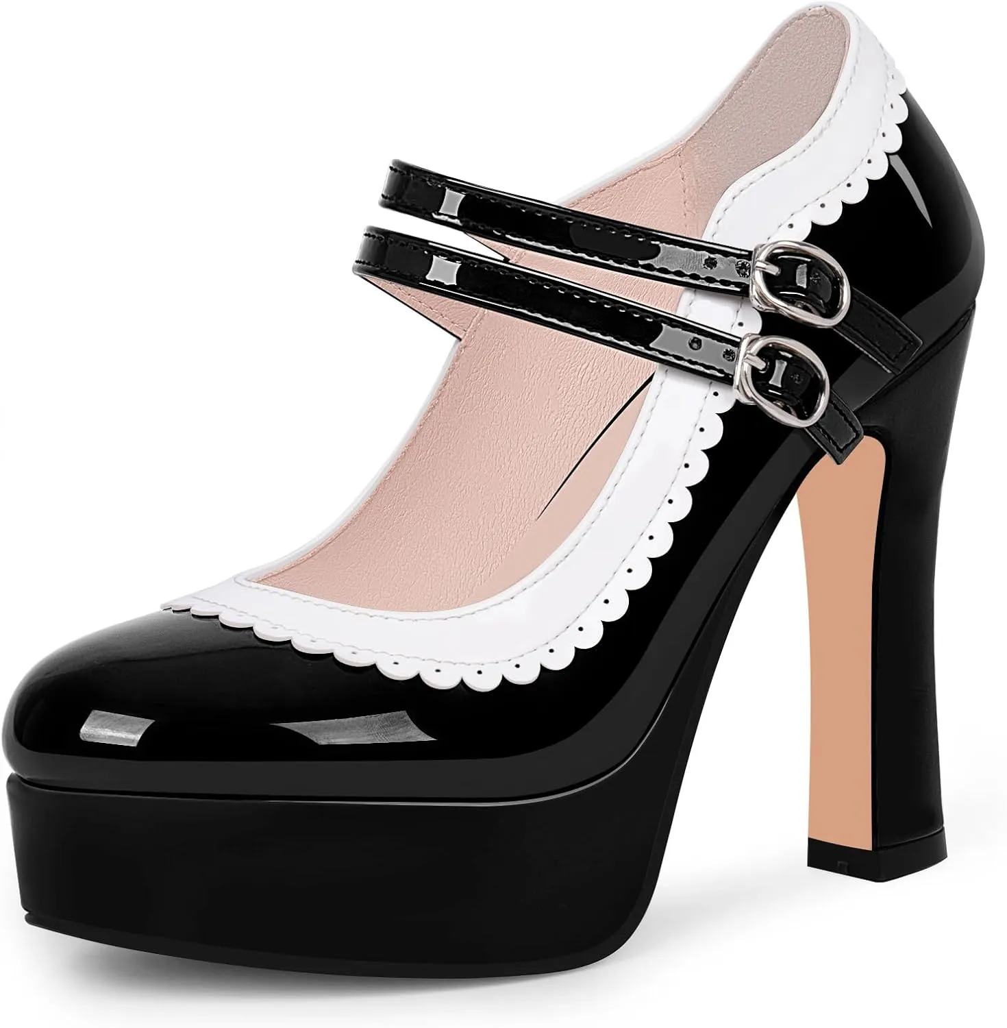 Women's Ankle Strap Plafrom Mary Janes Pumps Block High Heels Double Buckle Patent Leather Dress Shoes