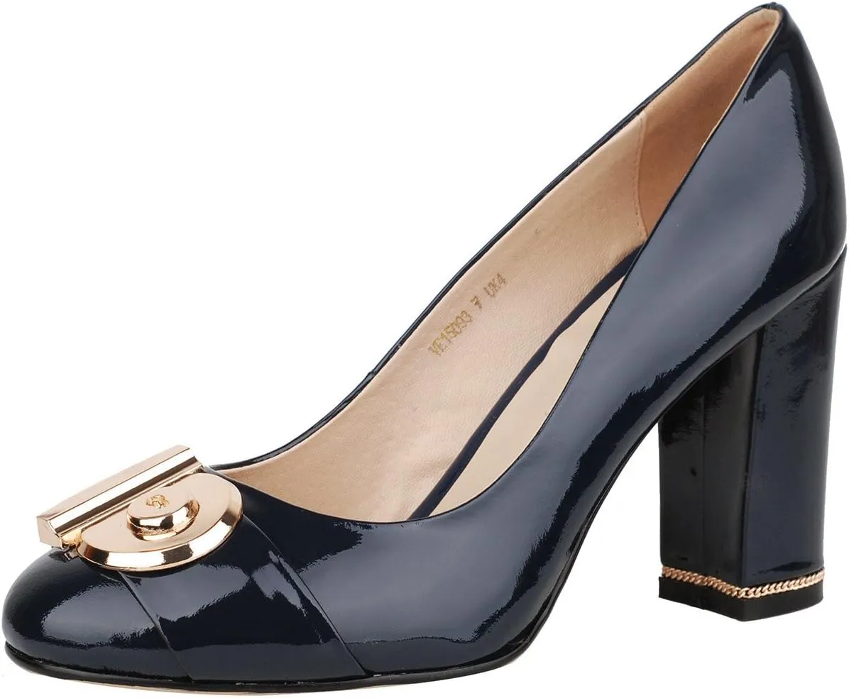 Women's Chunky Heel Ornament Decoration Genuine Leather Dress Pumps Shoes for Official Occasion