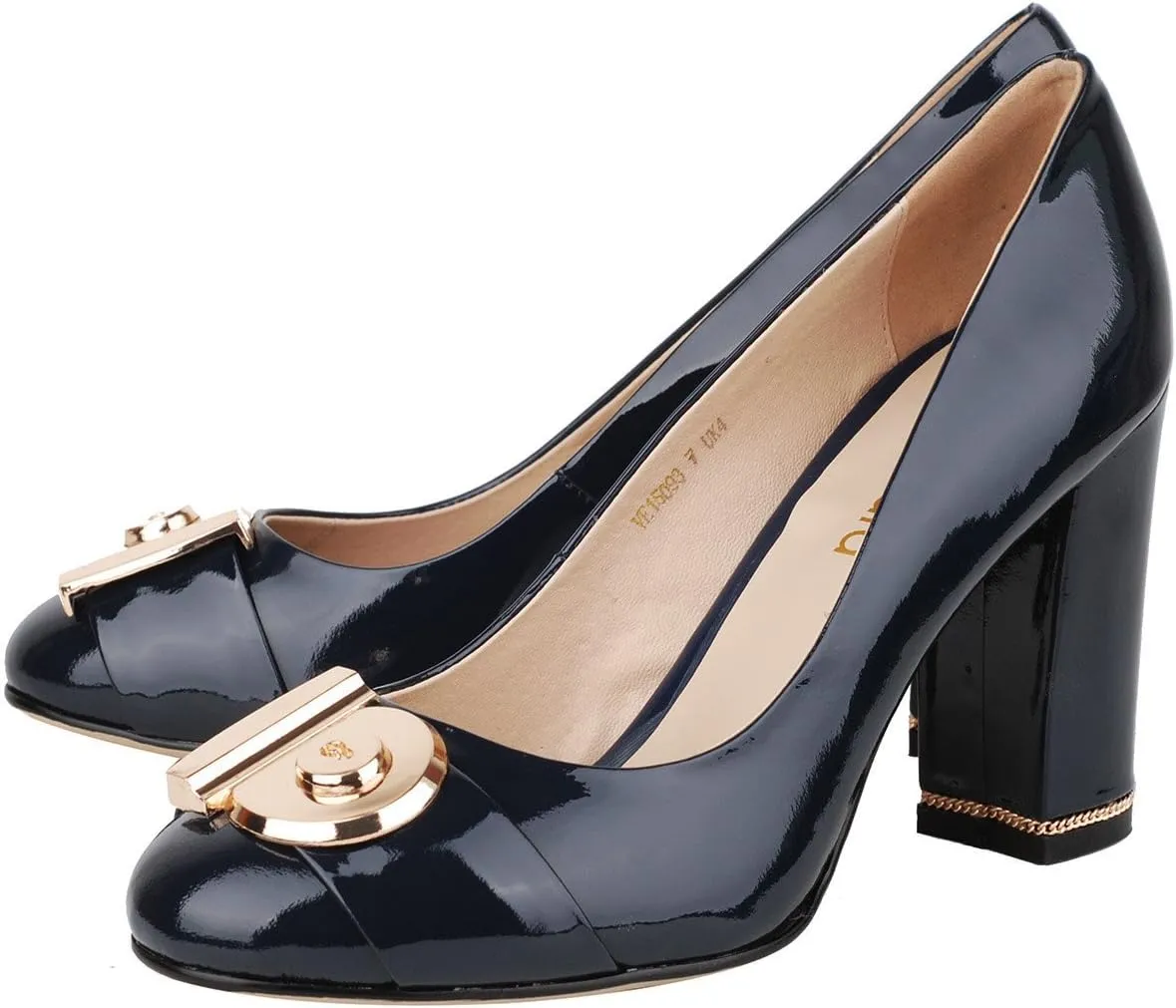 Women's Chunky Heel Ornament Decoration Genuine Leather Dress Pumps Shoes for Official Occasion
