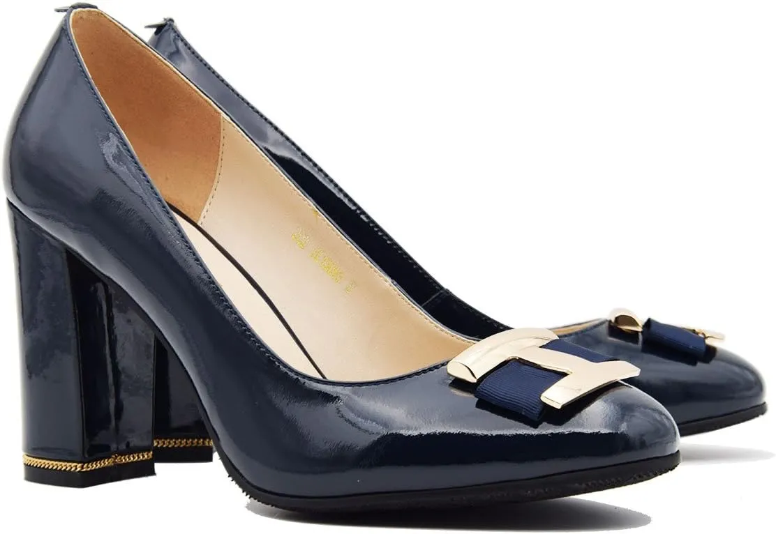 Women's Chunky Heel Ornament Decoration Genuine Leather Dress Pumps Shoes for Official Occasion