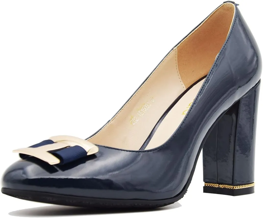 Women's Chunky Heel Ornament Decoration Genuine Leather Dress Pumps Shoes for Official Occasion