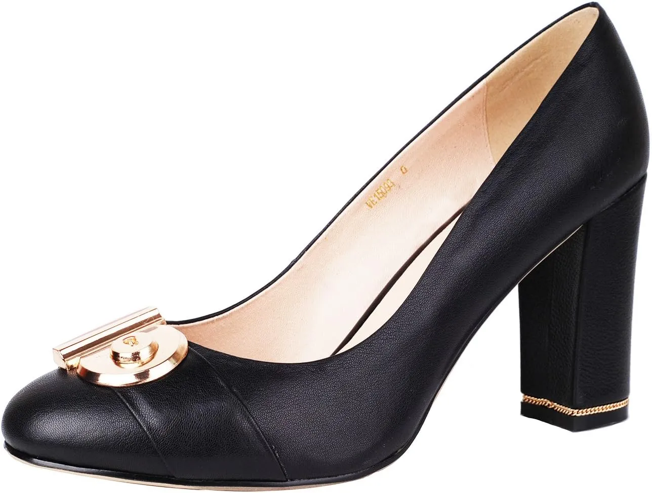 Women's Chunky Heel Ornament Decoration Genuine Leather Dress Pumps Shoes for Official Occasion