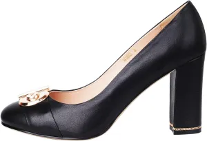 Women's Chunky Heel Ornament Decoration Genuine Leather Dress Pumps Shoes for Official Occasion