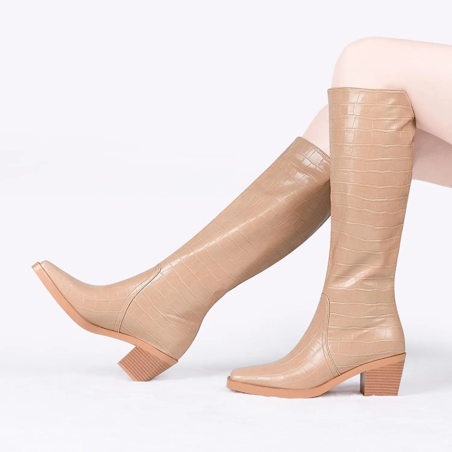 Women's Chunky Heel Square Toe Knee High Boots Slip On Patent Leather Crocodile Boots