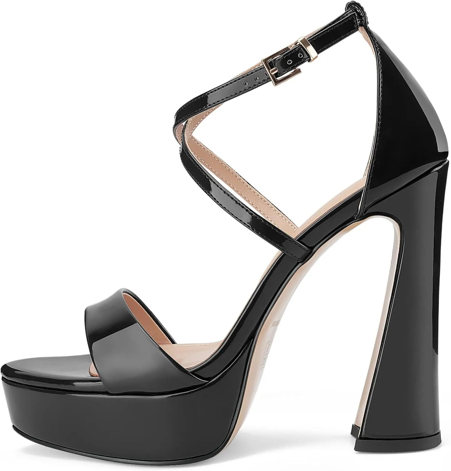 Women's Chunky High Heel Platform Sandals Open Peep Toe Ankle Strap Dress Strappy Heels with Single Cross Strap Buckle for Ladies Sexy Wedding 5 Inch