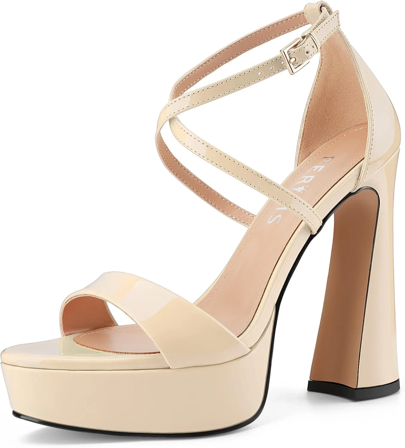 Women's Chunky High Heel Platform Sandals Open Peep Toe Ankle Strap Dress Strappy Heels with Single Cross Strap Buckle for Ladies Sexy Wedding 5 Inch