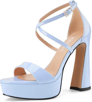 Women's Chunky High Heel Platform Sandals Open Peep Toe Ankle Strap Dress Strappy Heels with Single Cross Strap Buckle for Ladies Sexy Wedding 5 Inch