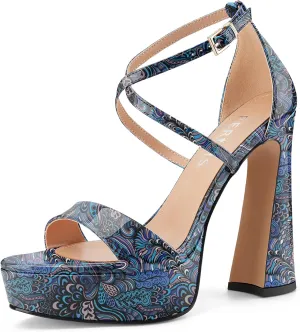 Women's Chunky High Heel Platform Sandals Open Peep Toe Ankle Strap Dress Strappy Heels with Single Cross Strap Buckle for Ladies Sexy Wedding 5 Inch