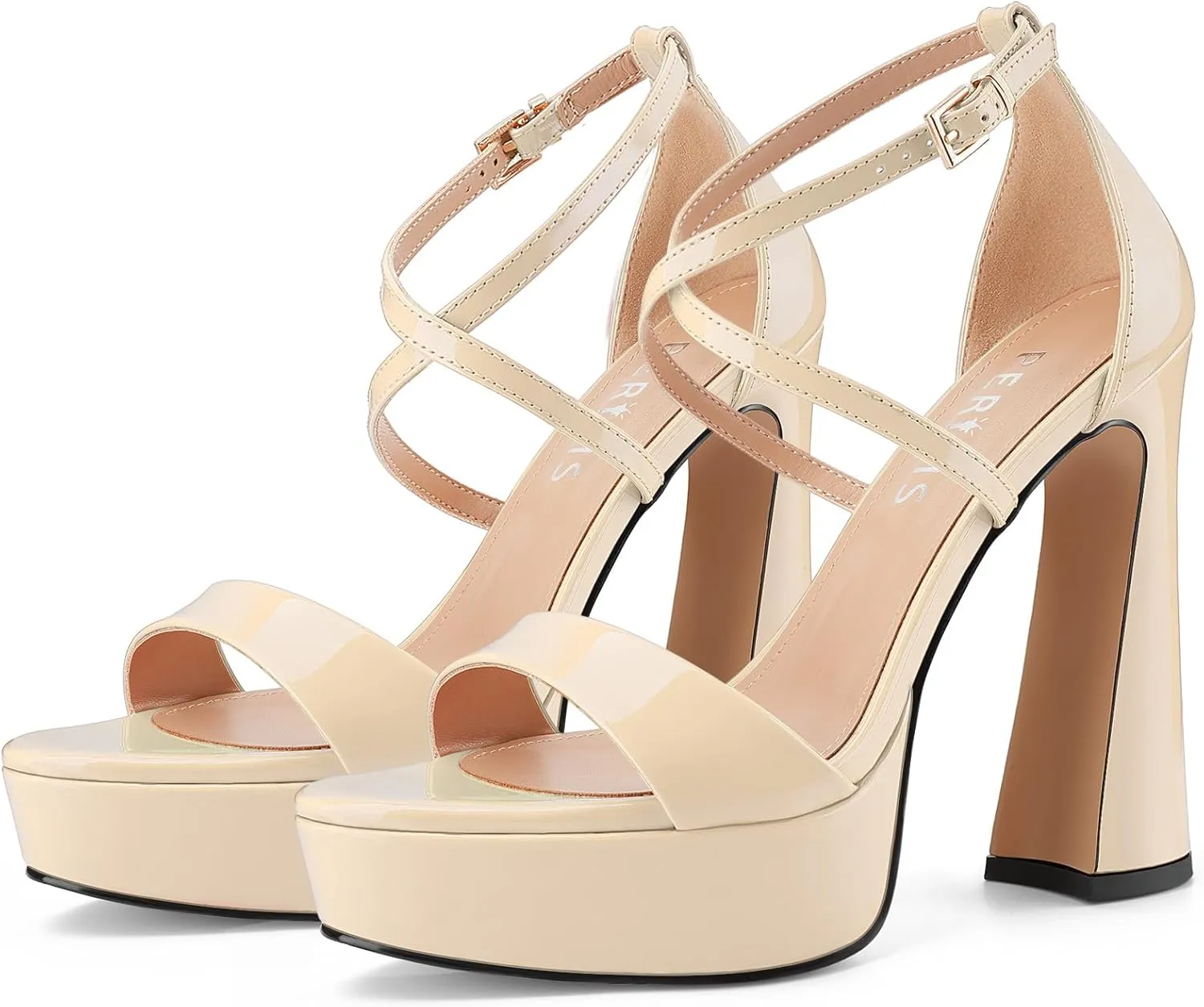 Women's Chunky High Heel Platform Sandals Open Peep Toe Ankle Strap Dress Strappy Heels with Single Cross Strap Buckle for Ladies Sexy Wedding 5 Inch