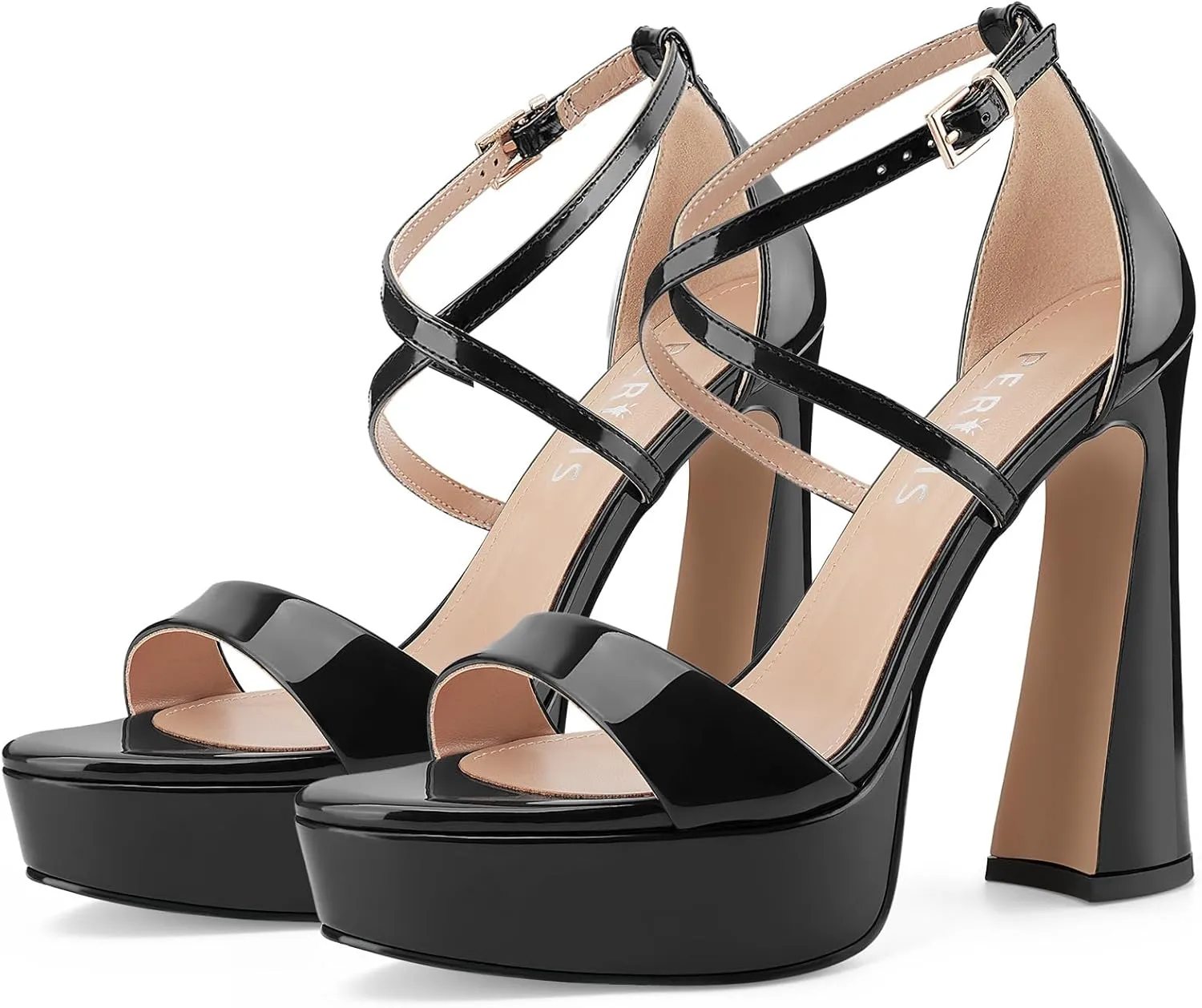 Women's Chunky High Heel Platform Sandals Open Peep Toe Ankle Strap Dress Strappy Heels with Single Cross Strap Buckle for Ladies Sexy Wedding 5 Inch