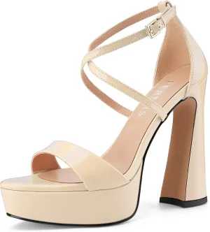 Women's Chunky High Heel Platform Sandals Open Peep Toe Ankle Strap Dress Strappy Heels with Single Cross Strap Buckle for Ladies Sexy Wedding 5 Inch