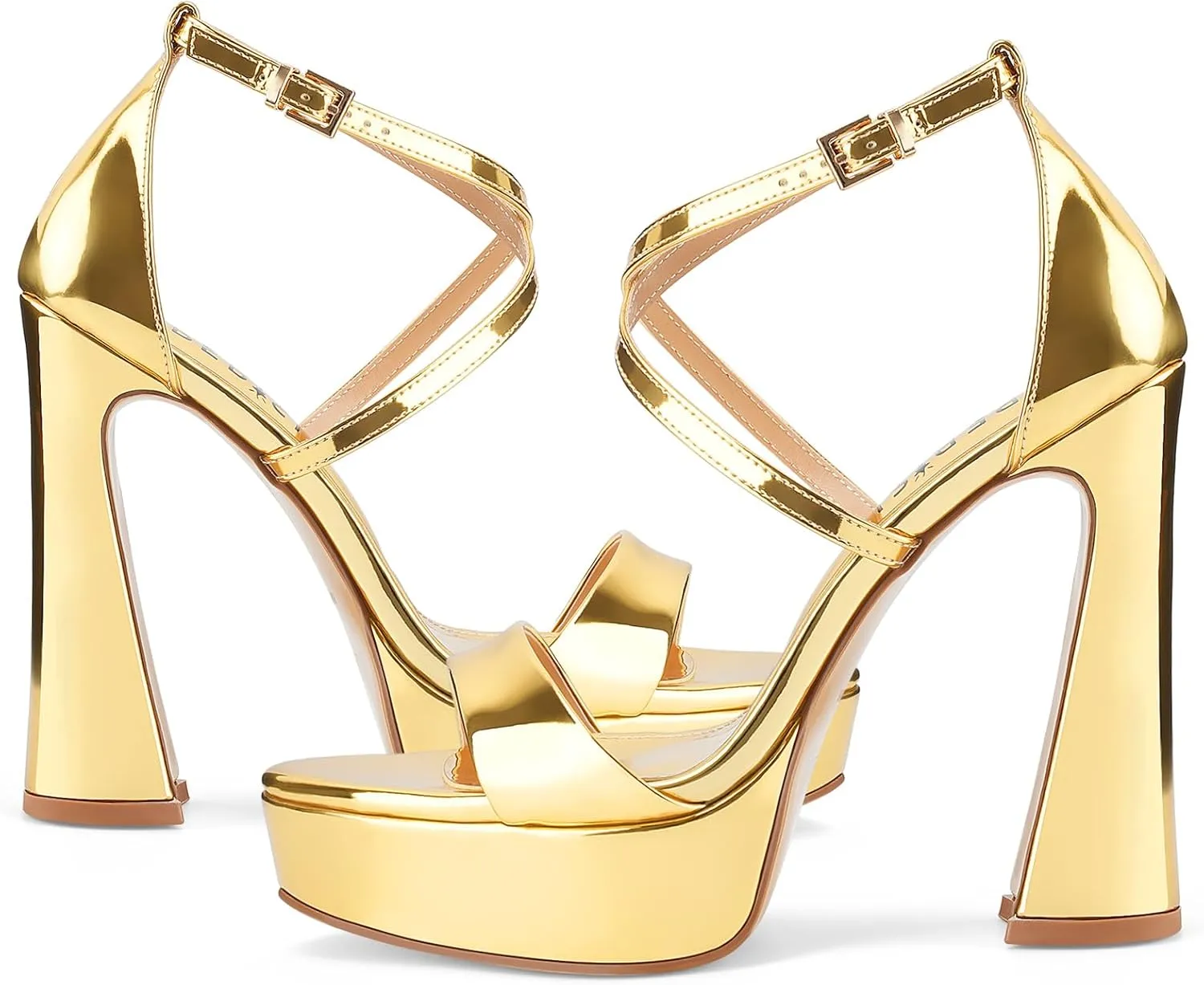 Women's Chunky High Heel Platform Sandals Open Peep Toe Ankle Strap Dress Strappy Heels with Single Cross Strap Buckle for Ladies Sexy Wedding 5 Inch