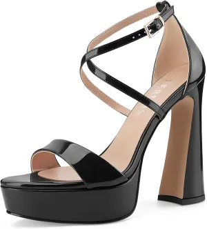 Women's Chunky High Heel Platform Sandals Open Peep Toe Ankle Strap Dress Strappy Heels with Single Cross Strap Buckle for Ladies Sexy Wedding 5 Inch