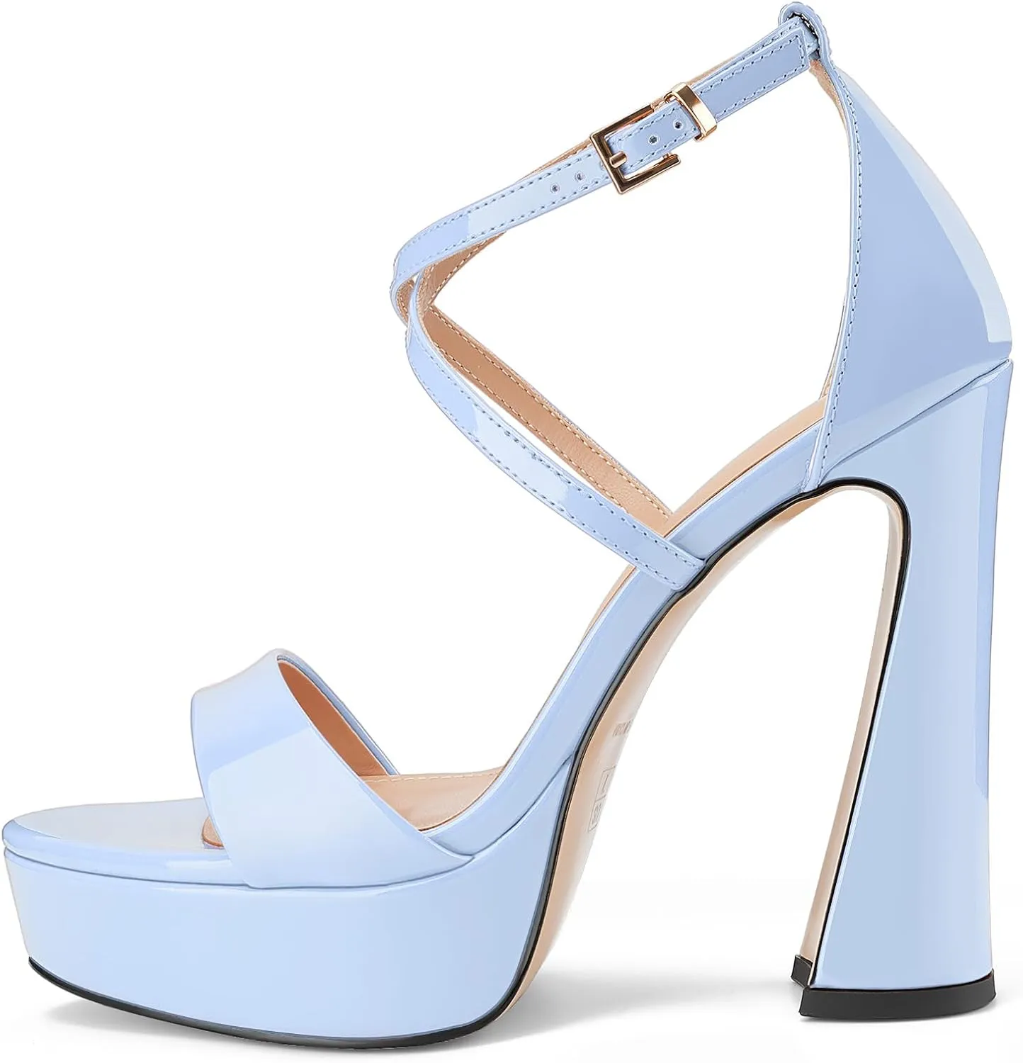 Women's Chunky High Heel Platform Sandals Open Peep Toe Ankle Strap Dress Strappy Heels with Single Cross Strap Buckle for Ladies Sexy Wedding 5 Inch
