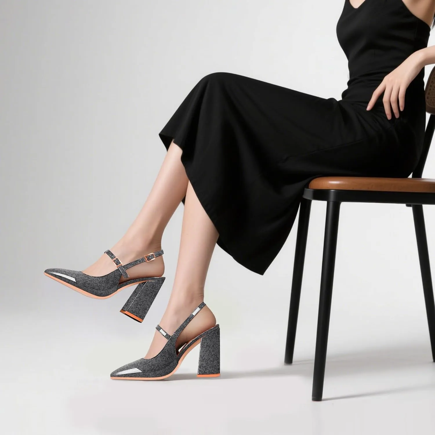 Women's Chunky High Heel Pumps Pointed Toe Slingback Buckle Strap Patent Leather Dress Shoes