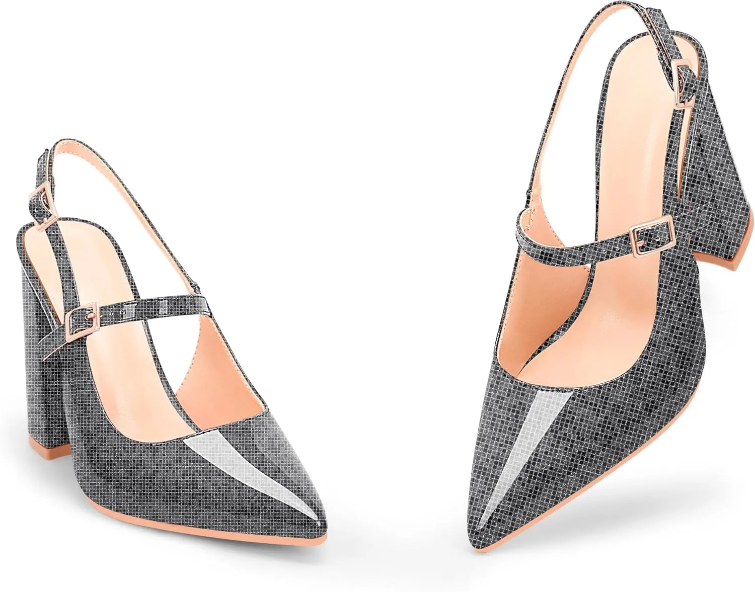 Women's Chunky High Heel Pumps Pointed Toe Slingback Buckle Strap Patent Leather Dress Shoes