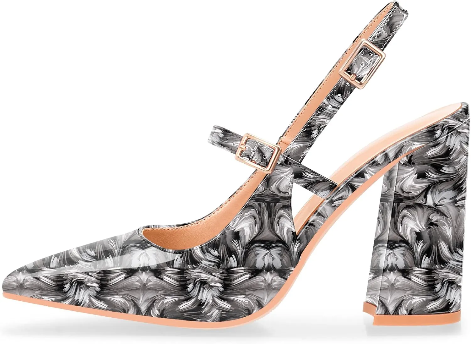 Women's Chunky High Heel Pumps Pointed Toe Slingback Buckle Strap Patent Leather Dress Shoes
