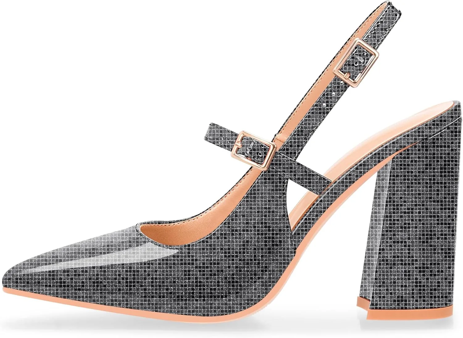 Women's Chunky High Heel Pumps Pointed Toe Slingback Buckle Strap Patent Leather Dress Shoes