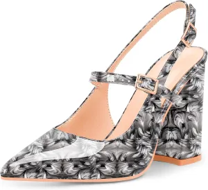 Women's Chunky High Heel Pumps Pointed Toe Slingback Buckle Strap Patent Leather Dress Shoes