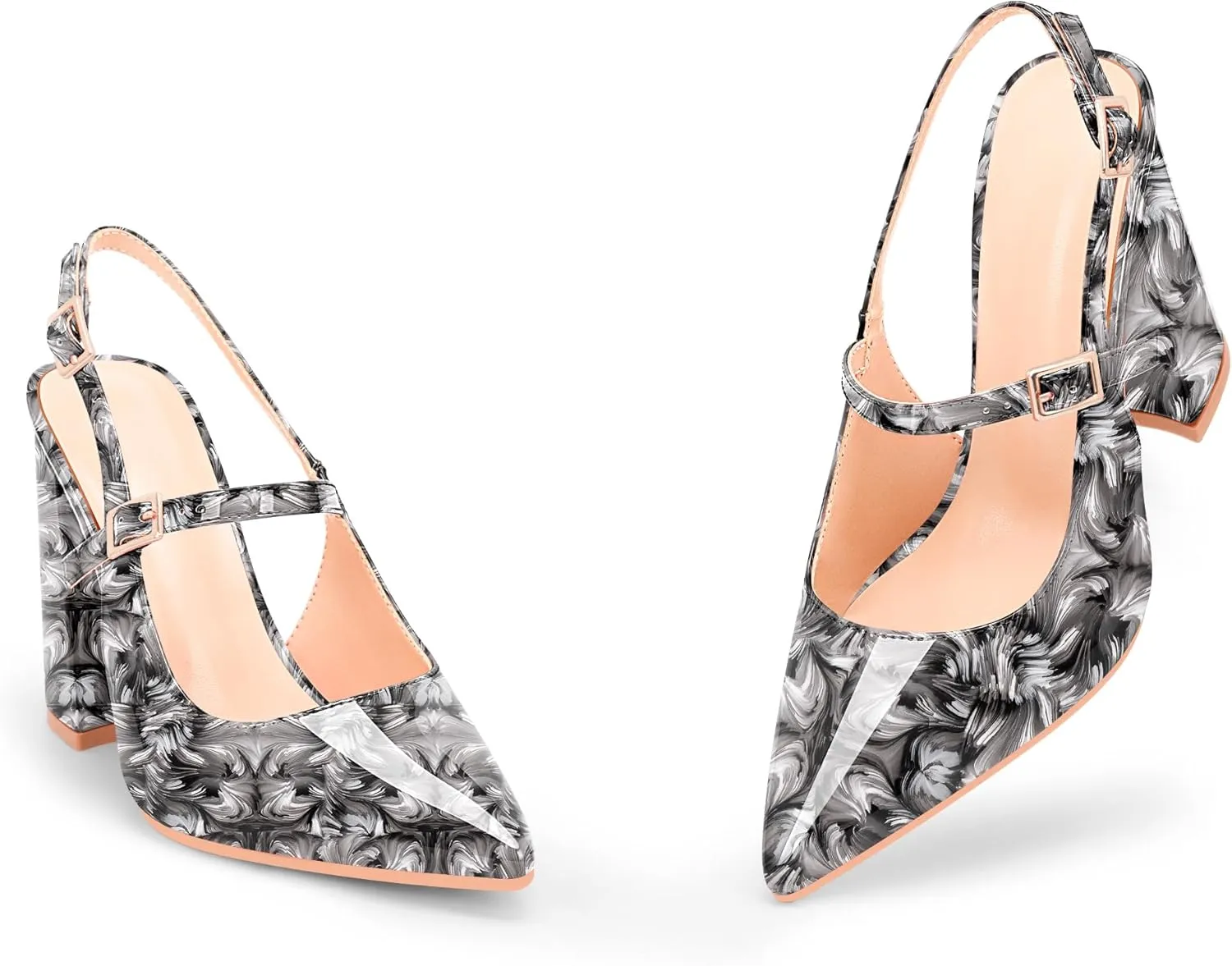 Women's Chunky High Heel Pumps Pointed Toe Slingback Buckle Strap Patent Leather Dress Shoes