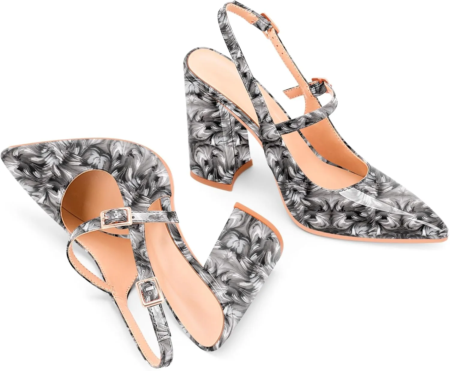Women's Chunky High Heel Pumps Pointed Toe Slingback Buckle Strap Patent Leather Dress Shoes