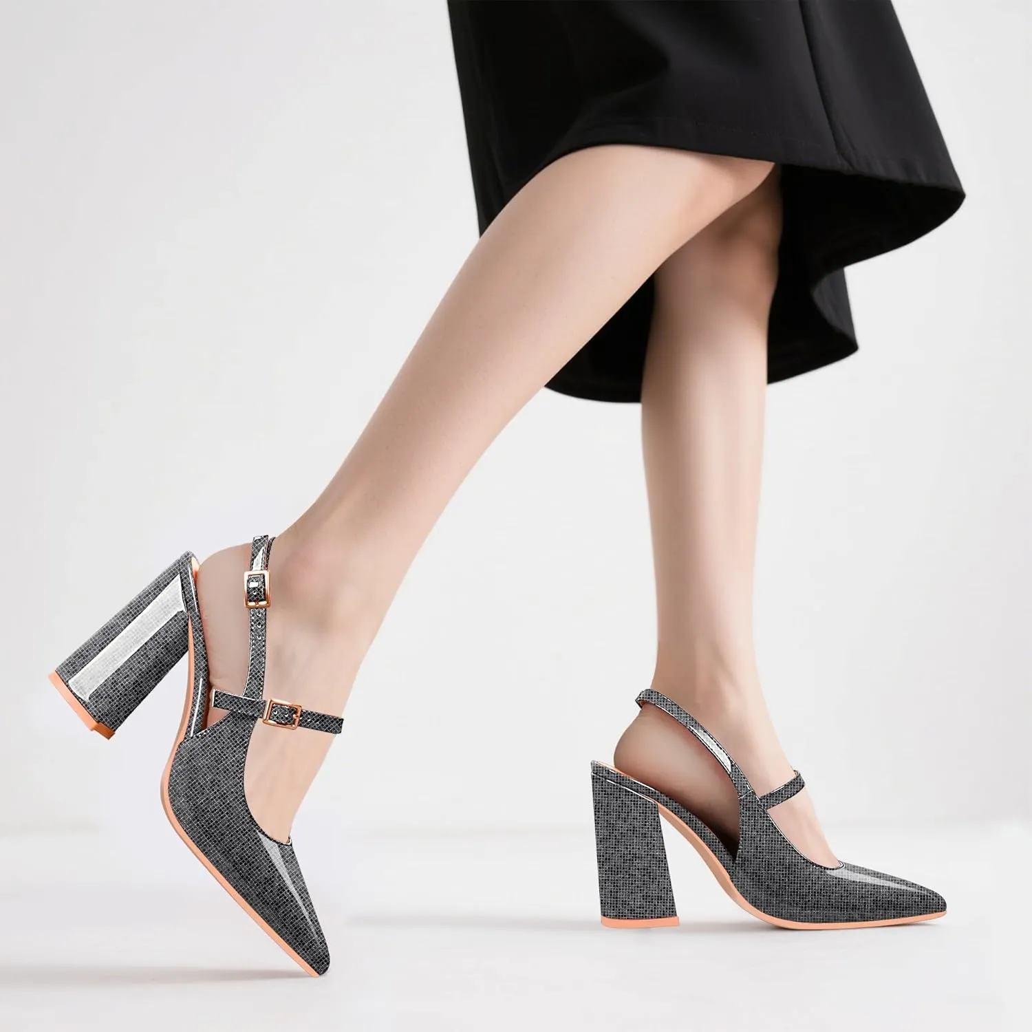Women's Chunky High Heel Pumps Pointed Toe Slingback Buckle Strap Patent Leather Dress Shoes