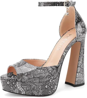 Women's Chunky Platform Heels Patent Leather Block Heeled Sandals Open Peep Toe Dressy Shoes with Ankle Strap Buckle and Rhinestone for Ladies Sexy Summer 5 Inch
