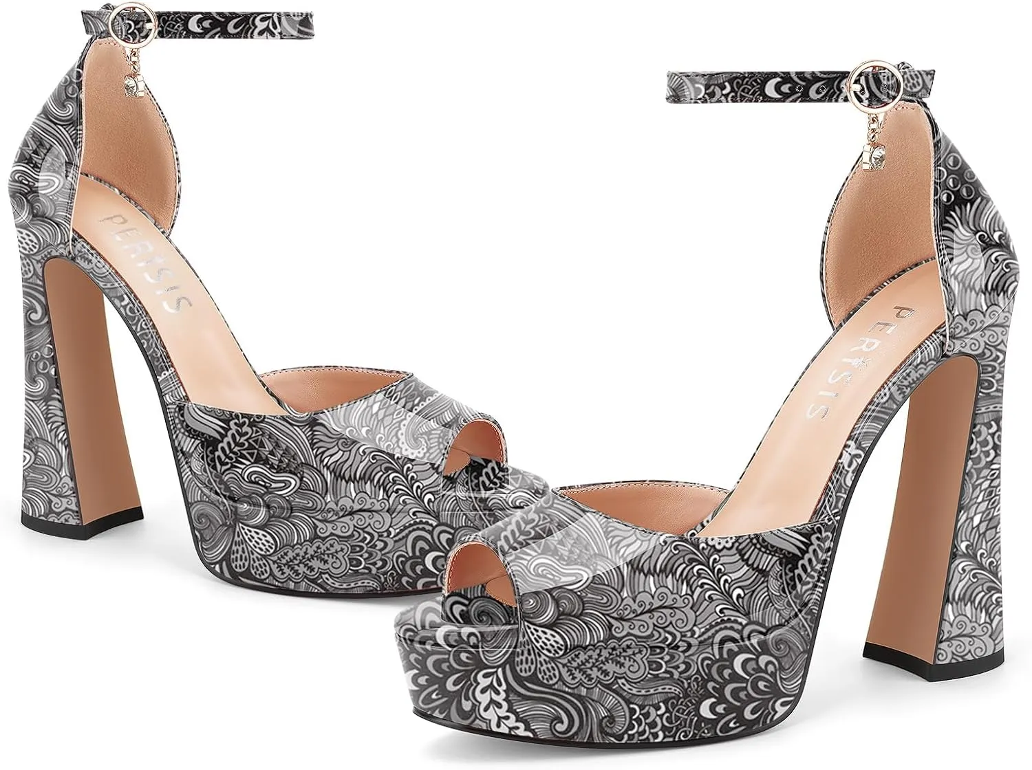 Women's Chunky Platform Heels Patent Leather Block Heeled Sandals Open Peep Toe Dressy Shoes with Ankle Strap Buckle and Rhinestone for Ladies Sexy Summer 5 Inch