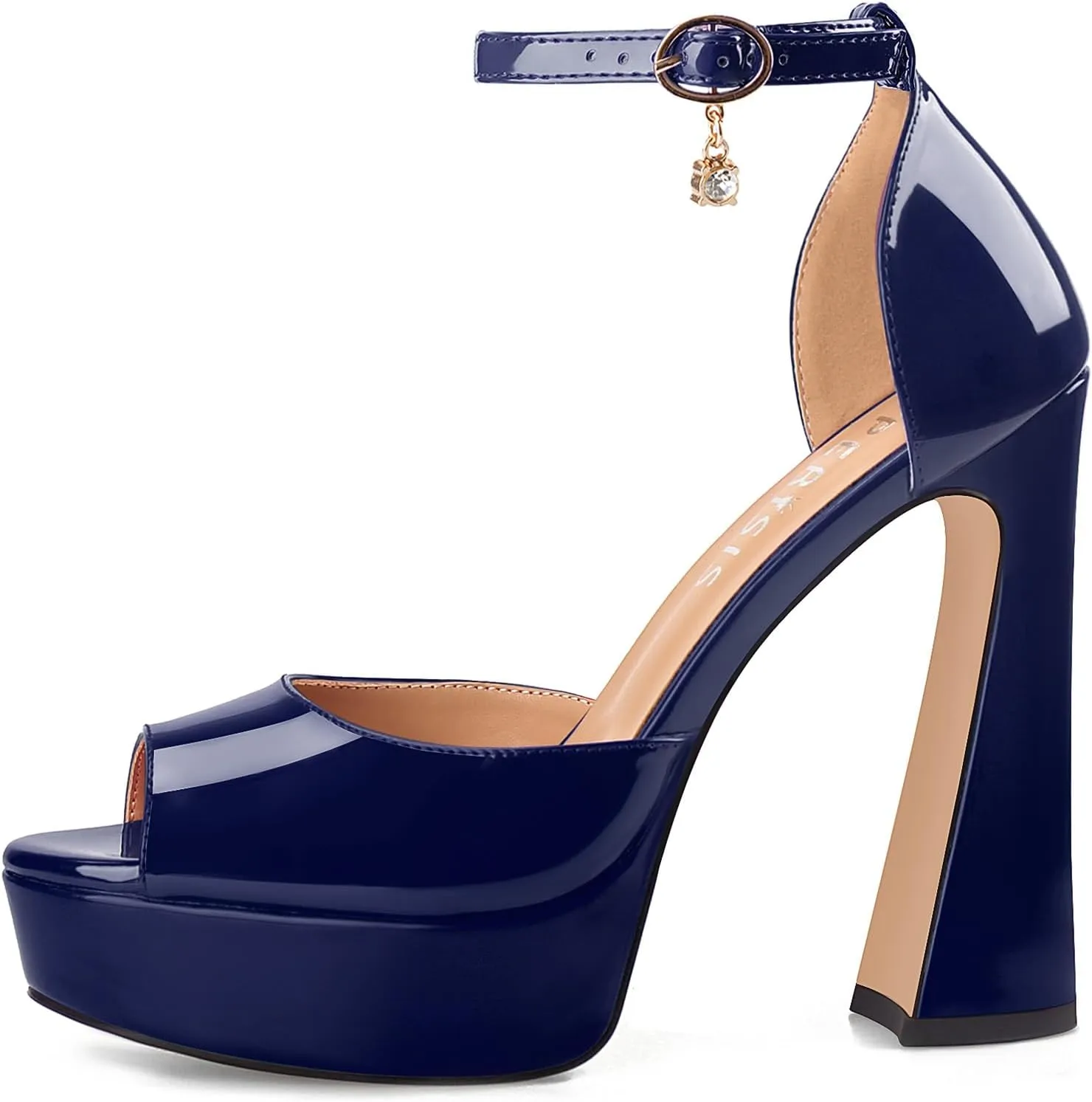 Women's Chunky Platform Heels Patent Leather Block Heeled Sandals Open Peep Toe Dressy Shoes with Ankle Strap Buckle and Rhinestone for Ladies Sexy Summer 5 Inch