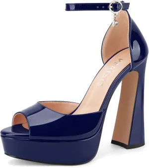 Women's Chunky Platform Heels Patent Leather Block Heeled Sandals Open Peep Toe Dressy Shoes with Ankle Strap Buckle and Rhinestone for Ladies Sexy Summer 5 Inch