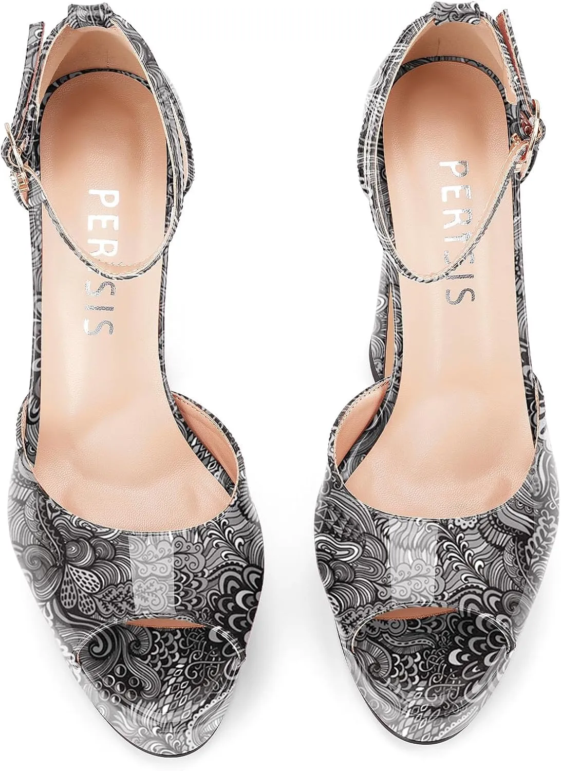 Women's Chunky Platform Heels Patent Leather Block Heeled Sandals Open Peep Toe Dressy Shoes with Ankle Strap Buckle and Rhinestone for Ladies Sexy Summer 5 Inch