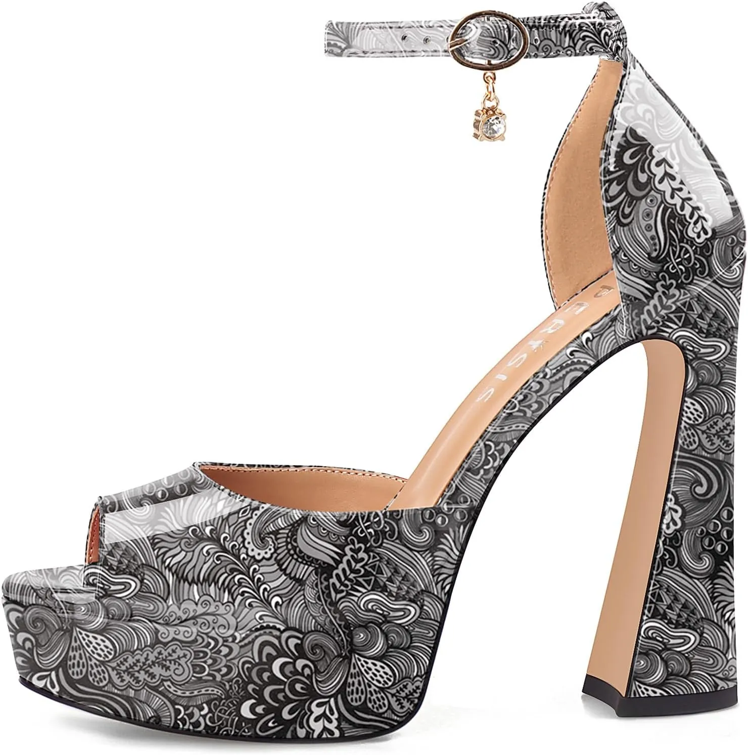 Women's Chunky Platform Heels Patent Leather Block Heeled Sandals Open Peep Toe Dressy Shoes with Ankle Strap Buckle and Rhinestone for Ladies Sexy Summer 5 Inch