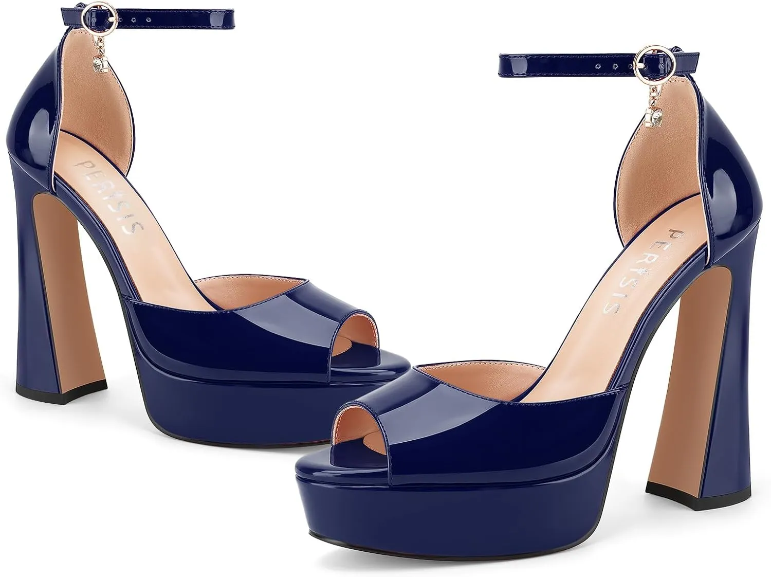 Women's Chunky Platform Heels Patent Leather Block Heeled Sandals Open Peep Toe Dressy Shoes with Ankle Strap Buckle and Rhinestone for Ladies Sexy Summer 5 Inch